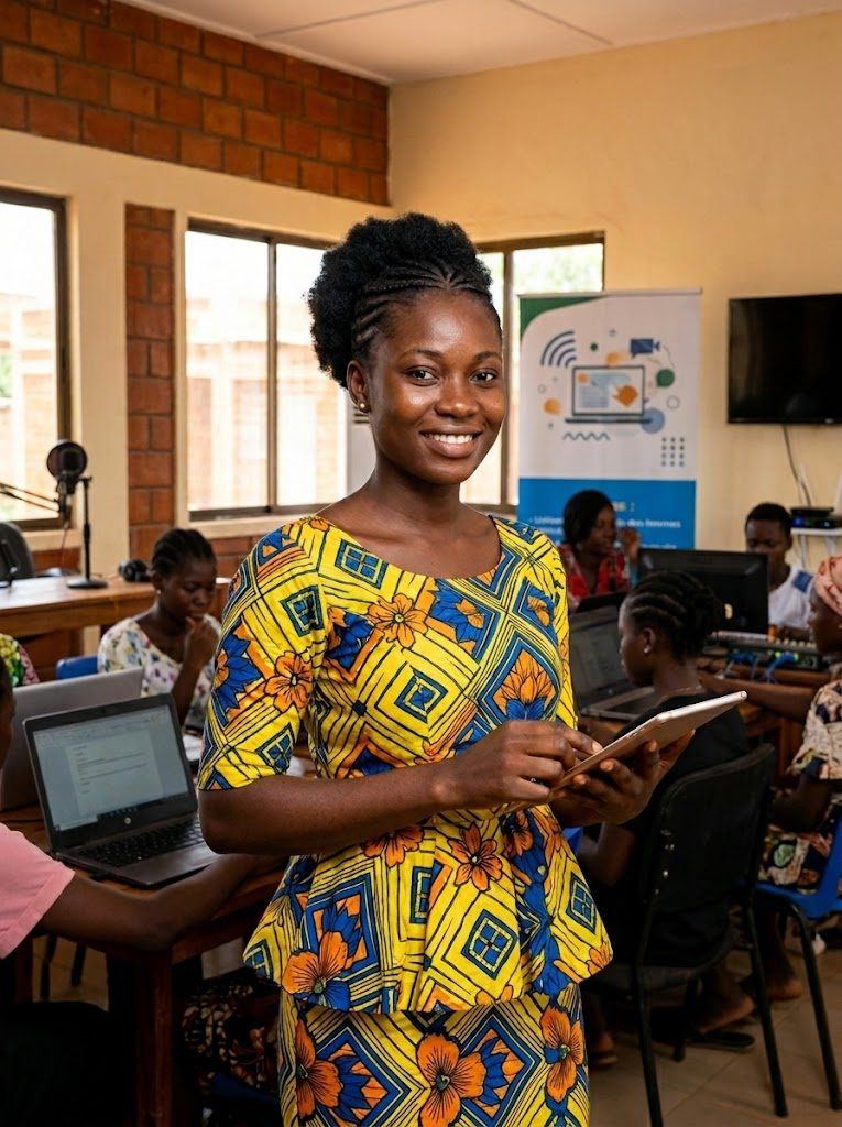 Femme souriante avec une tablette dans une salle de formation numérique
